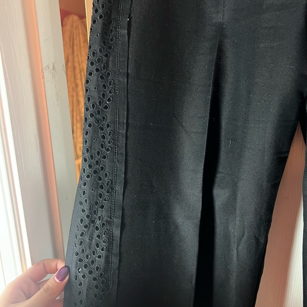 Rebecca Taylor Eyelet Crochet Trim Side Black Cotton Tailored Pants Size 10 - Picture 4 of 7